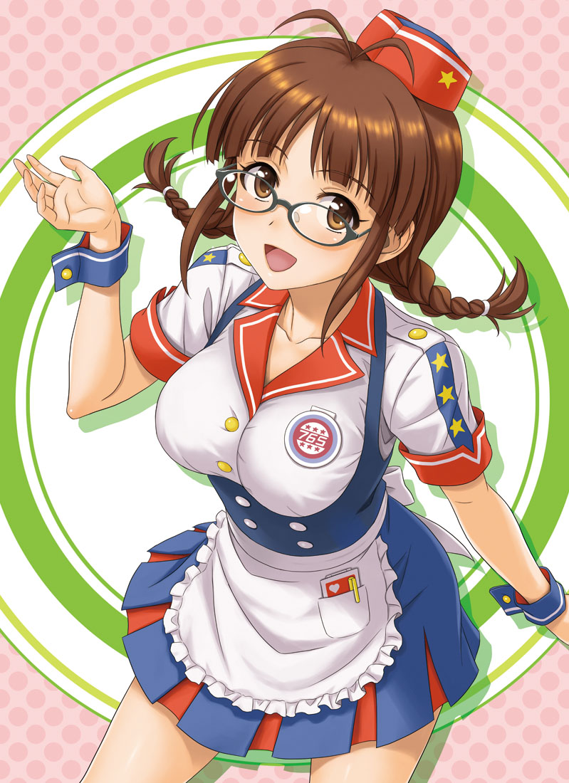 1girl, akizuki_ritsuko, braid, breasts, brown_eyes, brown_hair, burger_skater_(idolmaster), glasses