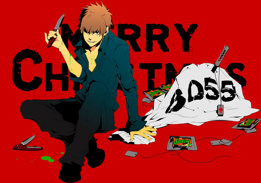 8055, boots, brown_hair, dog_tags, dogtags, grin, jumpsuit, keisuke_(togainu_no_chi)