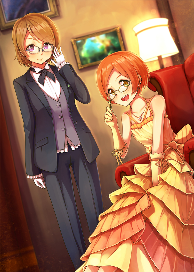 2girls, :d, armchair, between_legs, brown_hair, chair, dararito, elbow_gloves, formal, glasses, gloves, hand_between_legs, hand_on_glasses, hoshizora_rin, jewelry, koizumi_hanayo, lamp, layered_dress, love_live!_school_idol_project, multiple_girls, necklace, open_mouth, opera_glasses, orange_hair, picture_frame, ribbon, short_hair, sitting, smile, suit, violet_eyes, white_gloves, yellow_eyes, yellow_gloves