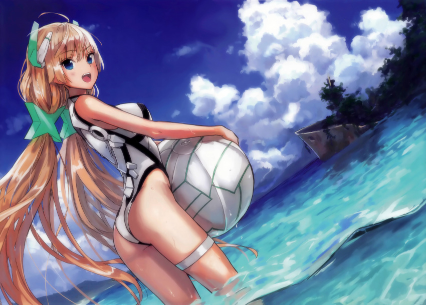 1girl, :d, absurdres, angela_balzac, ass, ball, beachball, blonde_hair