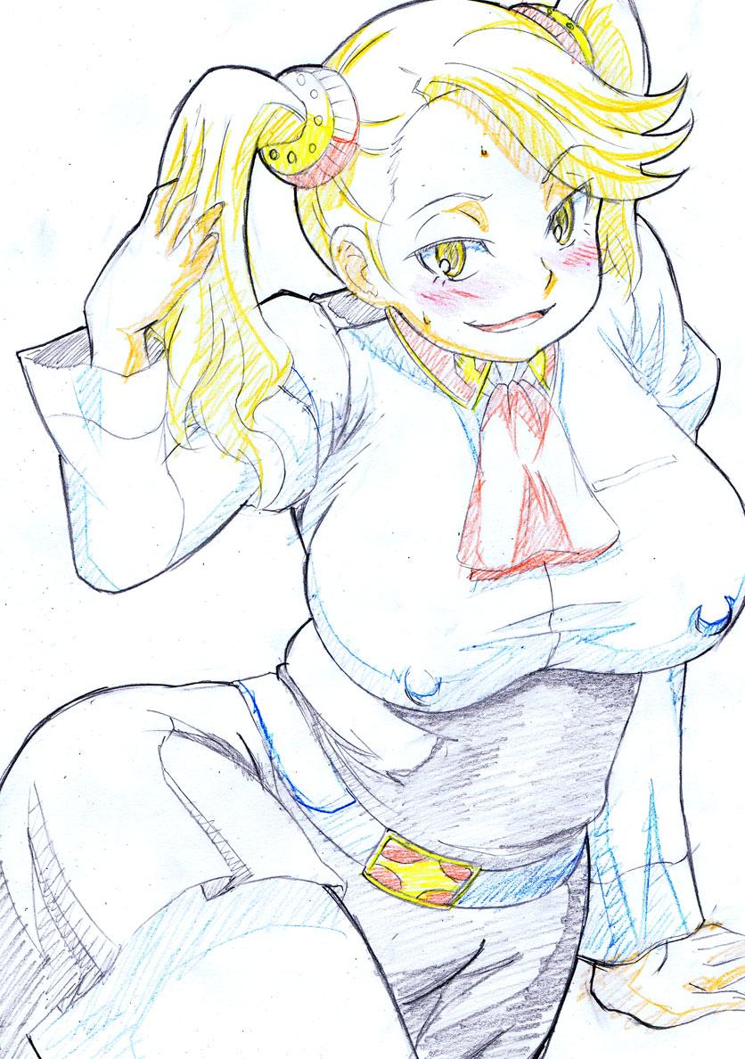 blonde_hair, gundam, gundam_build_fighters, gundam_build_fighters_try, large_breasts, sangou_(metal-wind), sazaki_kaoruko, sweat