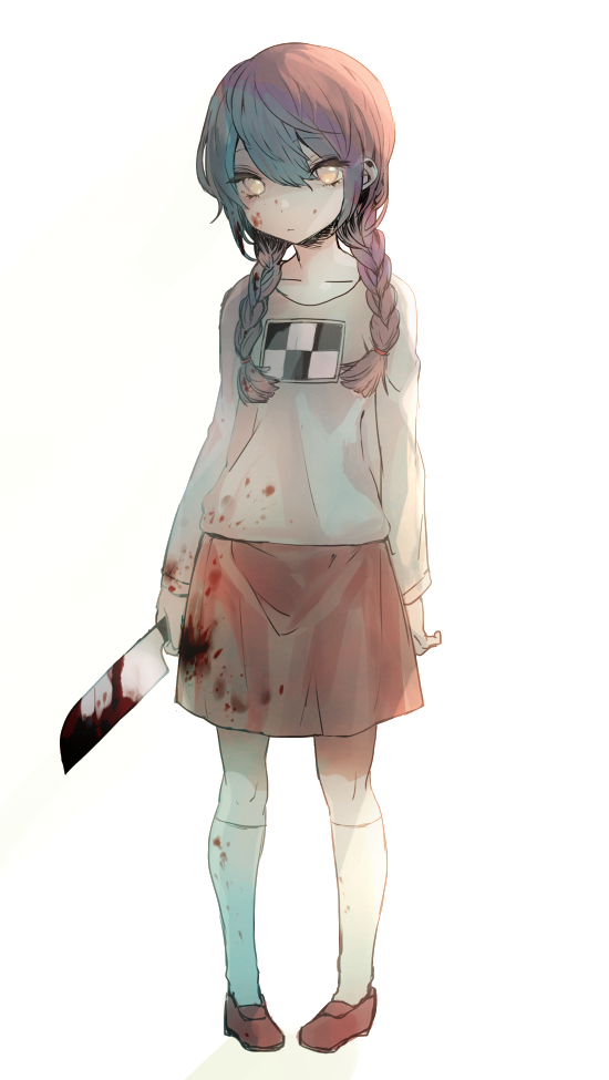 1girl, blood, blood_on_face, blood_splatter, bloody_clothes, bloody_weapon, braid, knife, long_hair, long_sleeves, madotsuki, shoes, skirt, socks, solo, tsukisu, twin_braids, weapon, white_background, yume_nikki