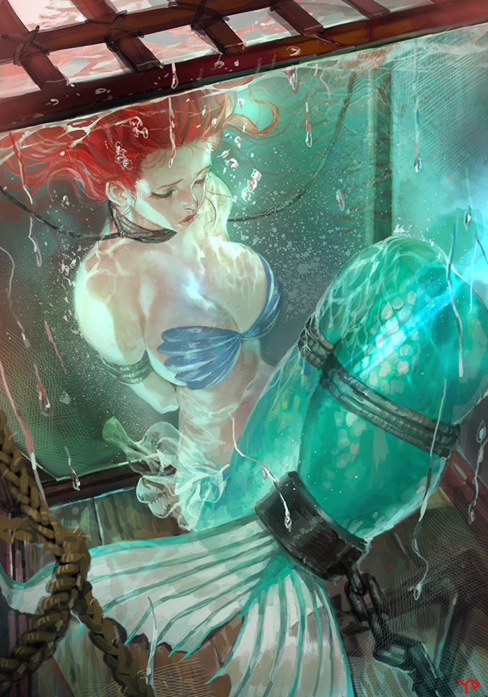 1girl, ariel_(disney), bound_arms, bound_tail, breasts, chain, cleavage, closed_eyes, mermaid, monster_girl, redhead, solo, the_little_mermaid, yang-do