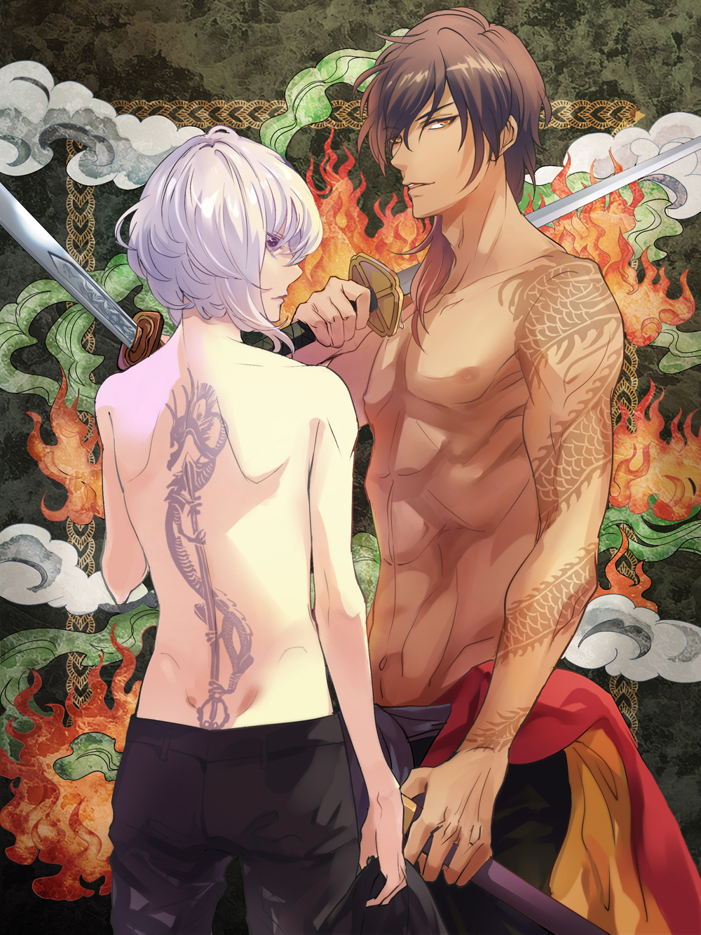 2boys, brown_hair, dark_skin, fire, from_behind, highres, honebami_toushirou, katana