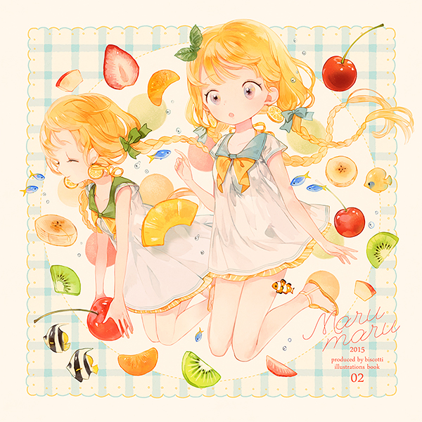 2girls, :o, air_bubble, angelfish, apple_slice, banana_slice, bare_legs, blonde_hair