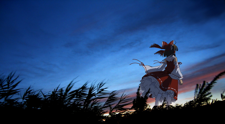 black_hair, bow, brown_hair, cloud, clouds, detached_sleeves, evening, from_behind