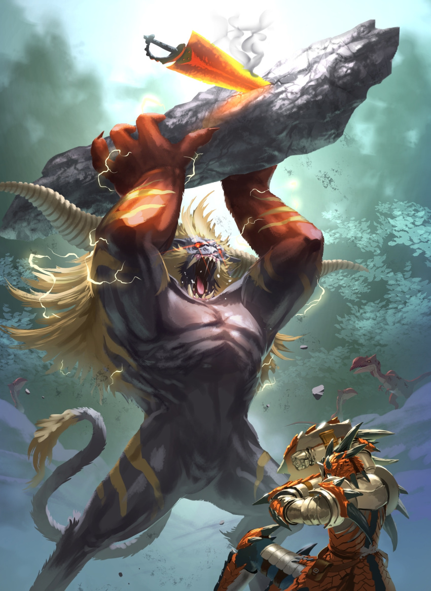 armor, blonde_hair, covering_head, electricity, full_armor, fur, glowing, glowing_eyes, highres, horns, ioprey, knight, long_hair, monster, monster_hunter, open_mouth, rajang, rathalos_(armor), red_eyes, ryutei, sharp_teeth, shield, smoke, spikes, sword, tail, weapon
