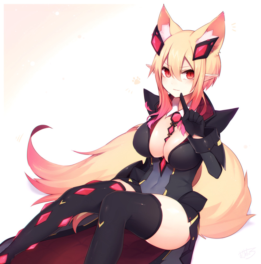 1girl, animal_ears, black_legwear, blonde_hair, blush, breasts, cleavage, covered_navel