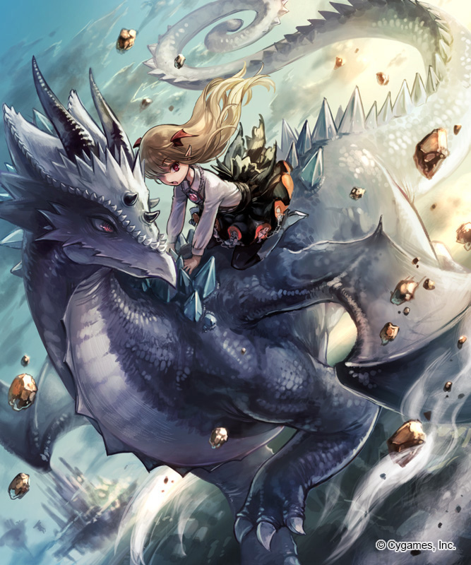 1girl, besu, blonde_hair, castle, cygames, dragon, dutch_angle, floating_hair