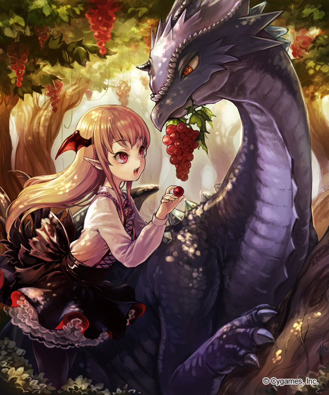 1girl, besu, blonde_hair, cygames, dragon, feeding, food, fruit, happy, head_wings, long_hair, petticoat, plant, pointy_ears, red_eyes, shingeki_no_bahamut, sisqo_5003, skirt, smile, tree, vampy