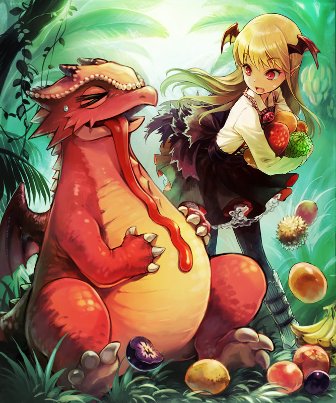 1girl, banana, besu, blonde_hair, dragon, food, fruit, head_wings, lemon, long_hair, peach, petticoat, pointy_ears, red_eyes, shingeki_no_bahamut, sisqo_5003, skirt, sweatdrop, tongue, tongue_out, vampy
