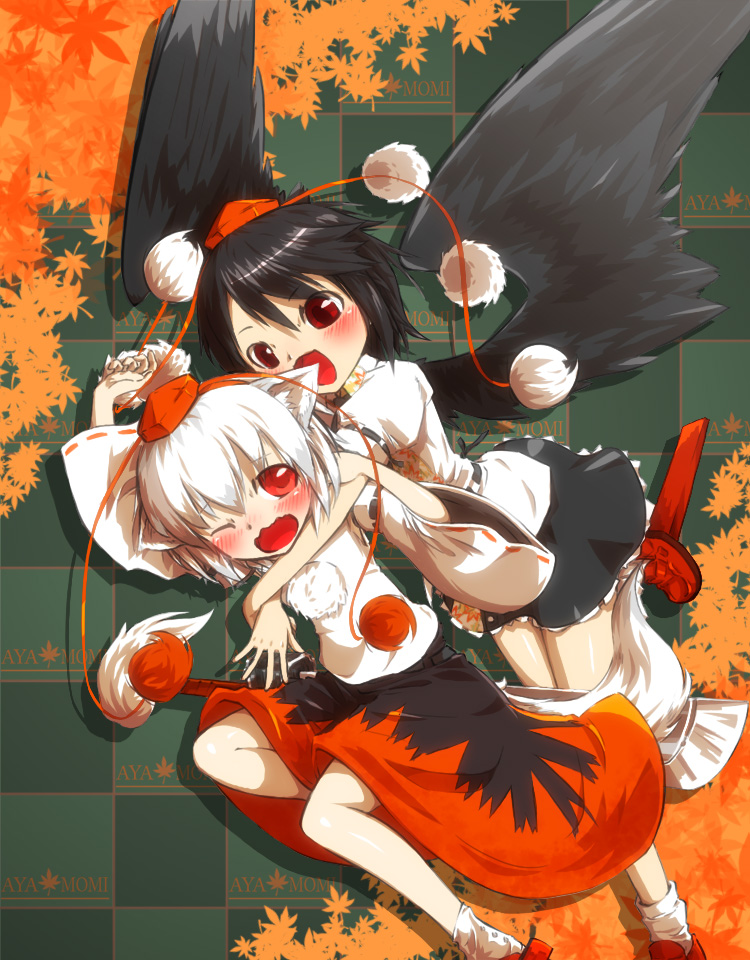 animal_ears, blush, geta, hat, hug, inubashiri_momiji, multiple_girls, open_mouth, red_eyes, shameimaru_aya, syau, tail, tengu-geta, tokin_hat, touhou, wings, wolf_ears, wolf_tail