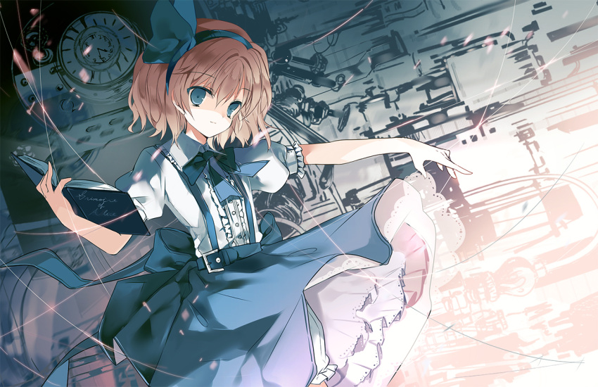 1girl, alice_margatroid, alice_margatroid_(pc-98), blonde_hair, blue_dress, book, cierra_(ra-bit), clock