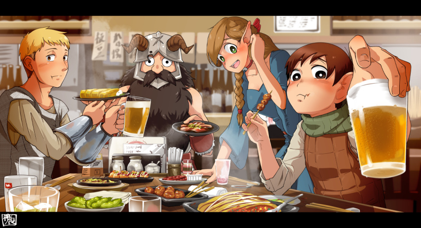 adjusting_hair, armor, artist_request, beard, blonde_hair, braid, drinking_glass, dungeon_meshi