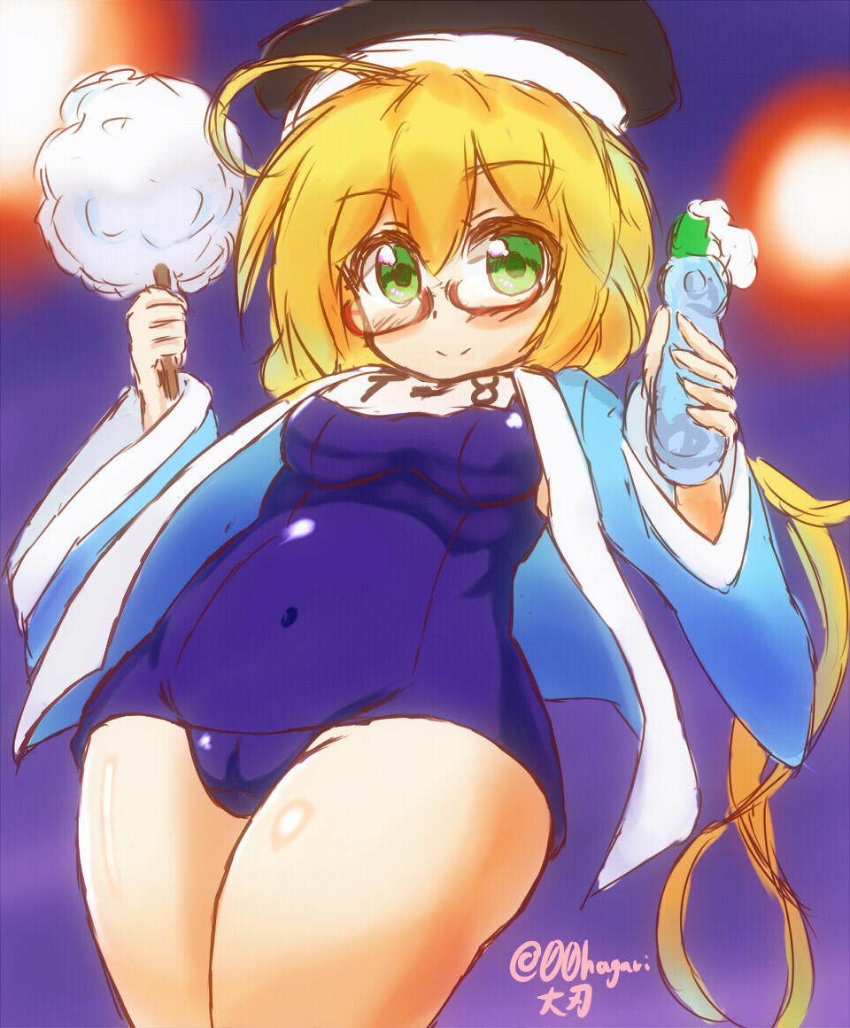 1girl, blonde_hair, breasts, cotton_candy, daiha_(setsuka), glasses, green_eyes, hat