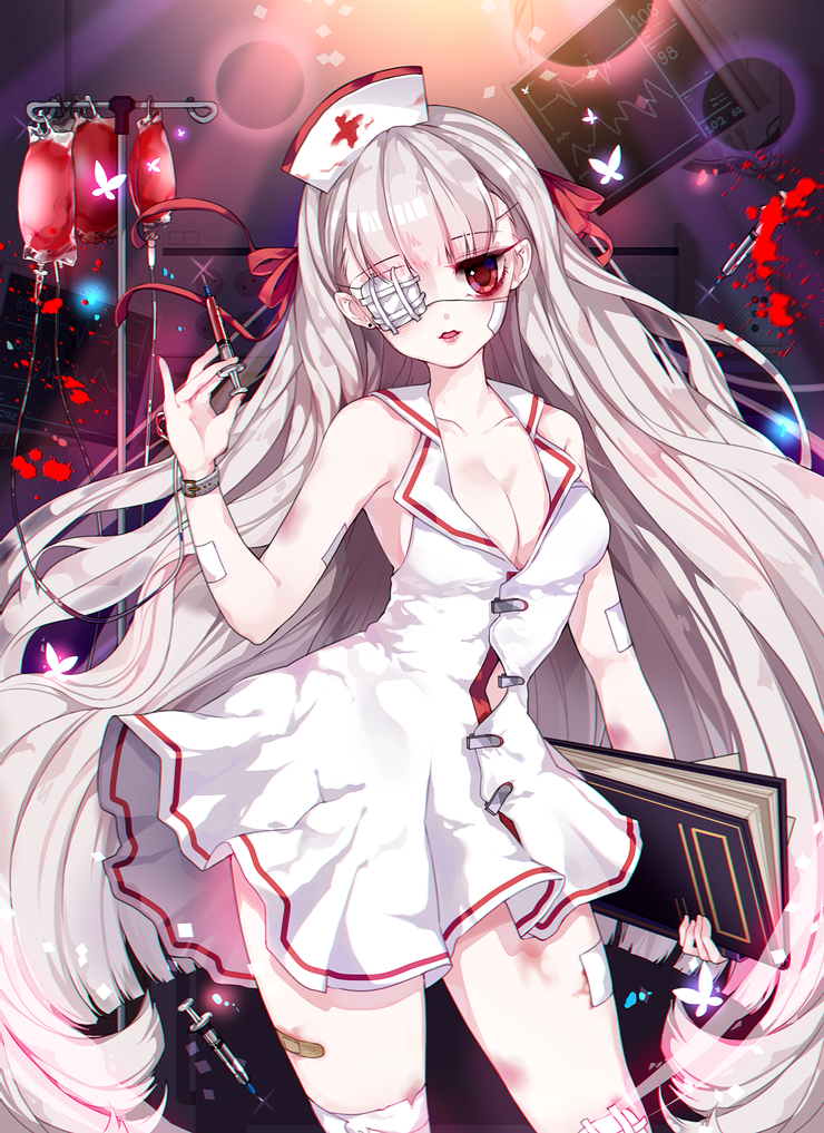 1girl, albino, blood, blood_bag, book, bow, breasts, butterfly