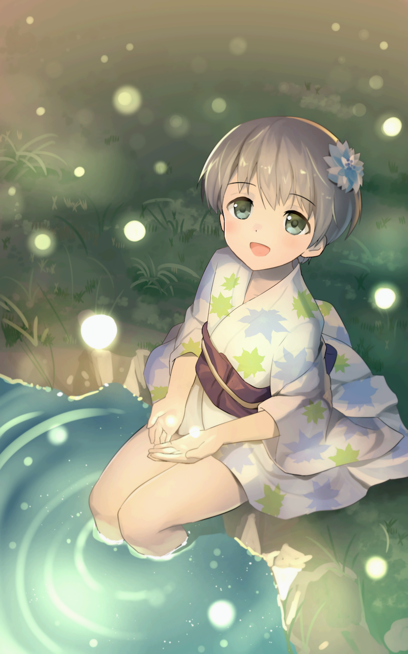 1girl, _eyes, alternate_costume, brown_eyes, cocolo_(co_co_lo), fireflies, grass, green_eyes