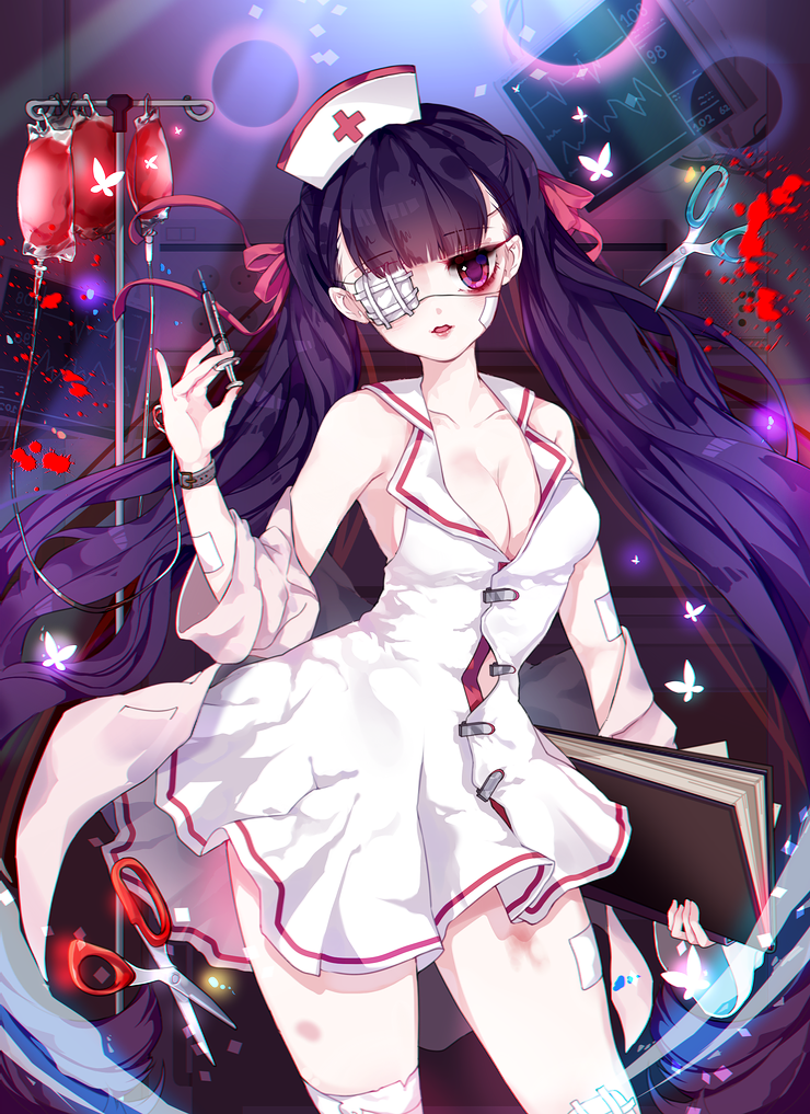 1girl, bandages, black_hair, blood, blood_bag, book, bow, breasts