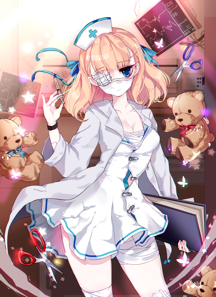 1girl, bandages, blonde_hair, blue_bow, blue_eyes, book, bow, eyepatch