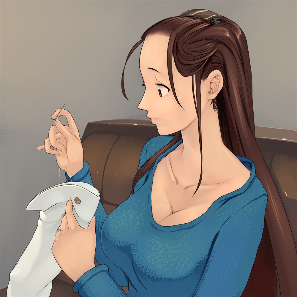1girl, breasts, brown_eyes, brown_hair, housewife, jajala, jewelry, long_hair