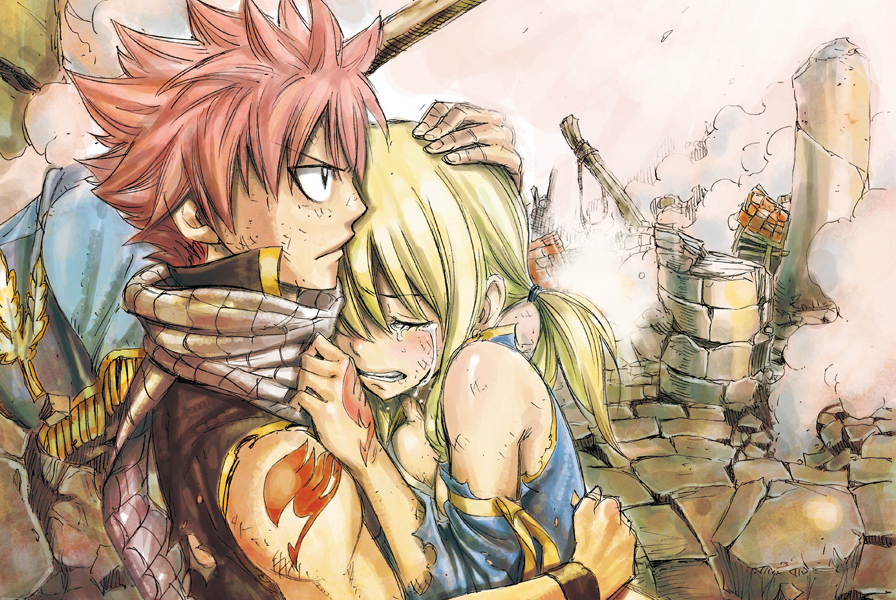 1boy, 1girl, blonde_hair, crying, fairy_tail, fairy_tail_houou_no_miko, hand_on_head, hands_on_another's_head, hug, lucy_heartfilia, mashima_hiro, natsu_dragneel, pink_hair, ruins, scarf, serious, spiky_hair, tattoo, tears, torn_clothes, twintails