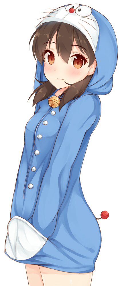 1girl, black_hair, doraemon, doraemon_(cosplay), hands_in_pockets, hoodie, minamoto_shizuka, short_hair