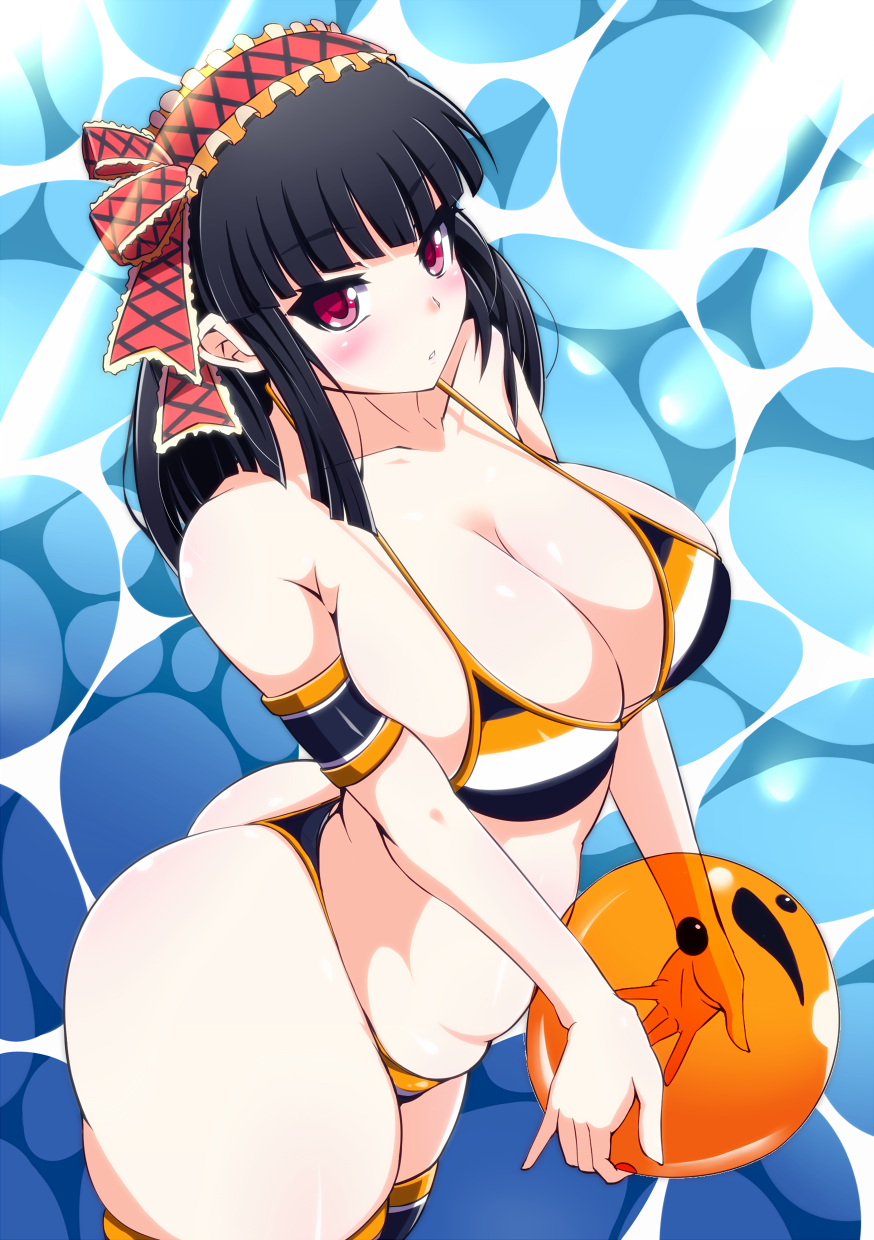 1girl, ass, ball, bare_shoulders, beachball, beatmania, beatmania_iidx, bikini, black_hair, breasts, cleavage, highres, hinazuki_ririna, initiative, large_breasts, looking_at_viewer, pink_eyes, plump, solo, striped, striped_bikini, striped_swimsuit, swimsuit, thighs, water