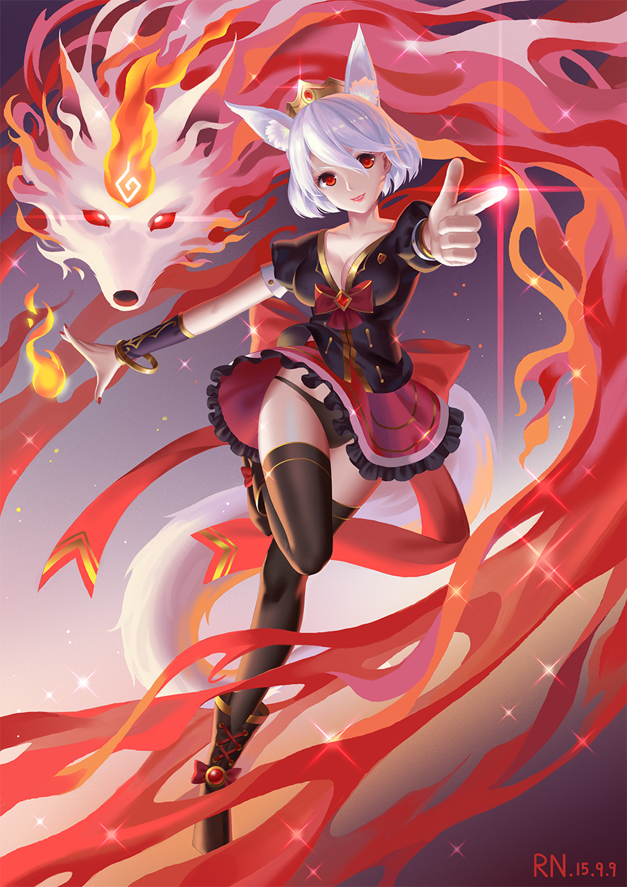 1girl, animal_ears, black_panties, breasts, cleavage, crown, fox_ears, highres