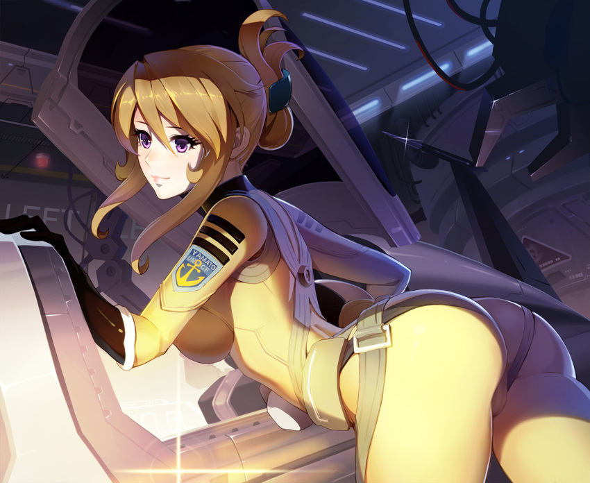 1girl, ass, bent_over, blonde_hair, blush, bodysuit, breasts, folded_ponytail
