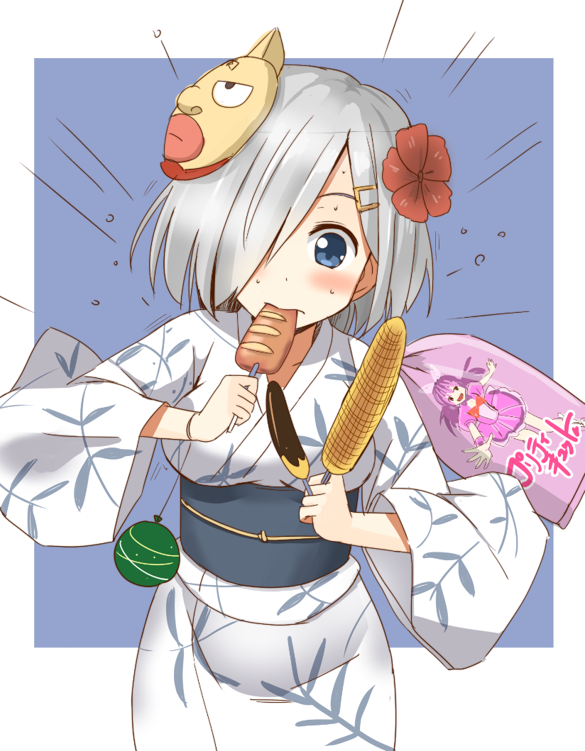 1girl, blue_eyes, blush, chocolate_banana, corn, crossover, eating, flower