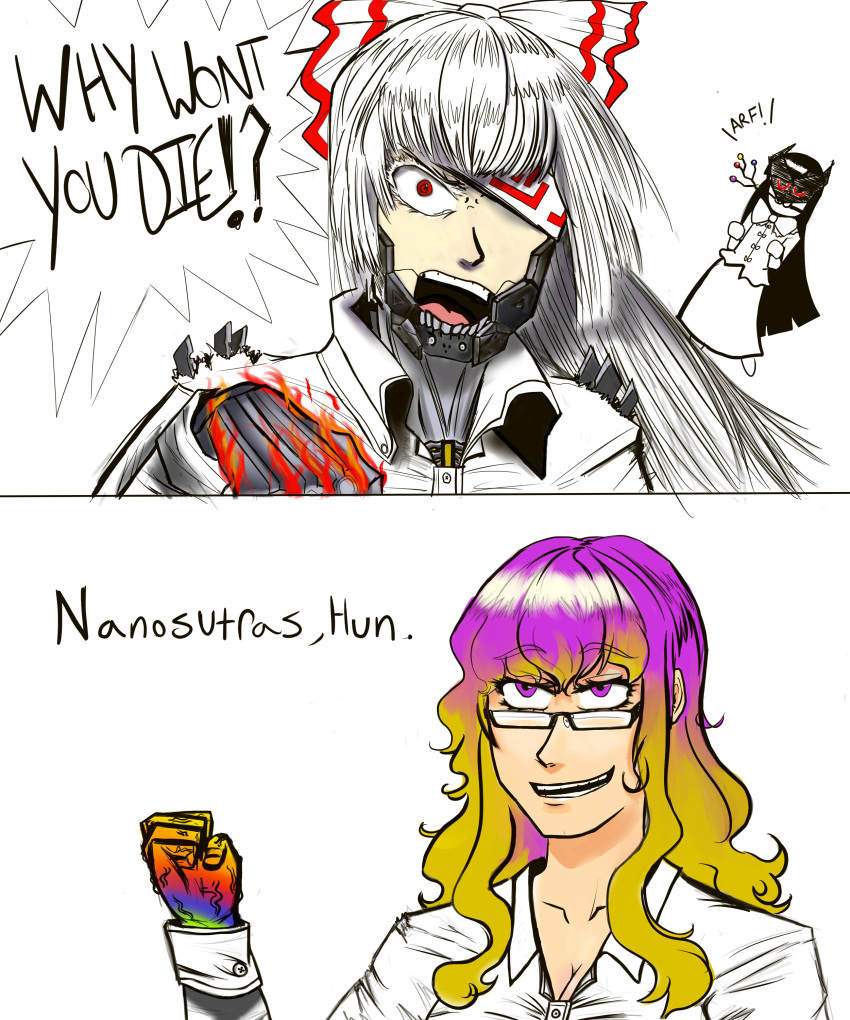 absurdres, bladewolf, cosplay, crossover, cyborg, fire, fujiwara_no_mokou, glasses