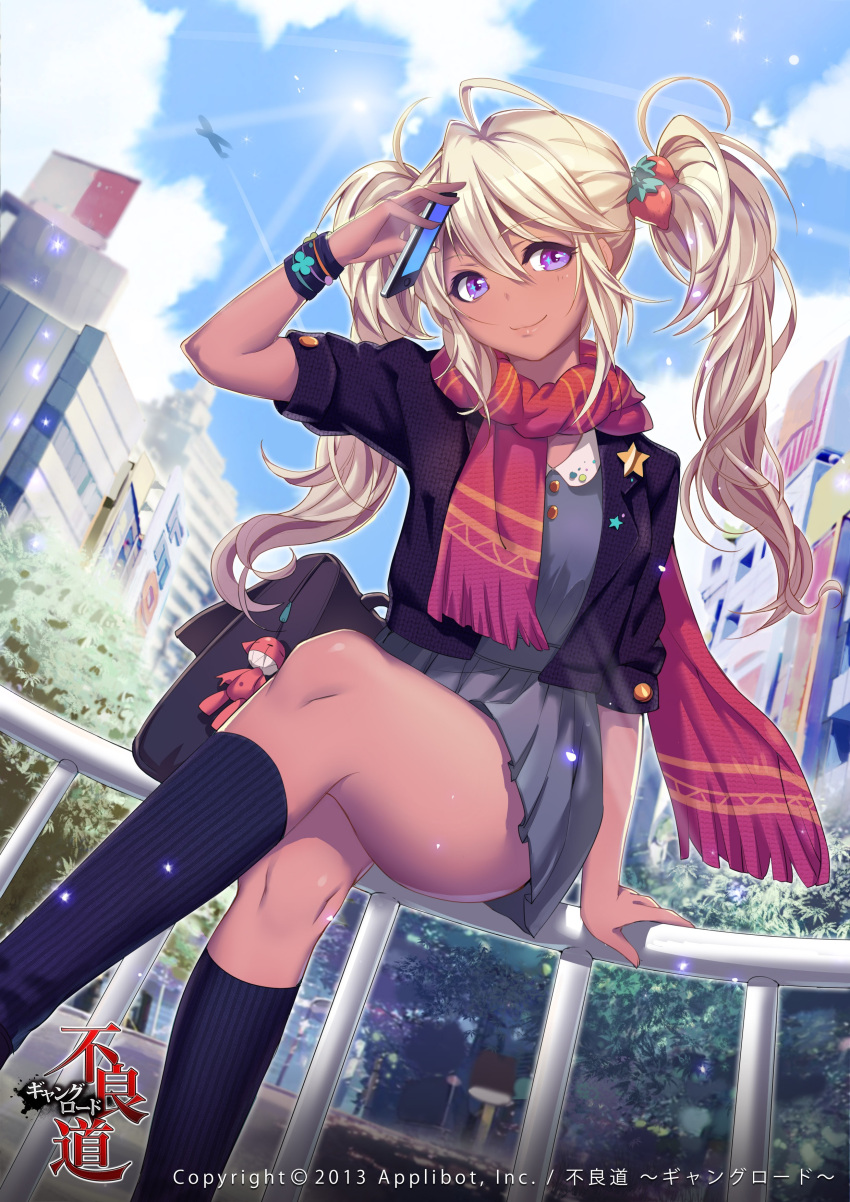 1girl, absurdres, bag, blonde_hair, cellphone, city, clouds, crossed_legs