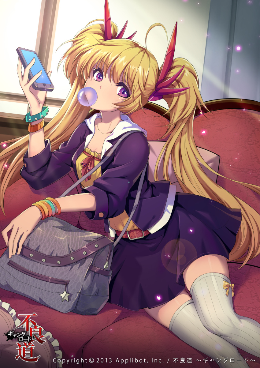 1girl, absurdres, ahoge, bag, belt, bow_legwear, bracelet, brown_hair