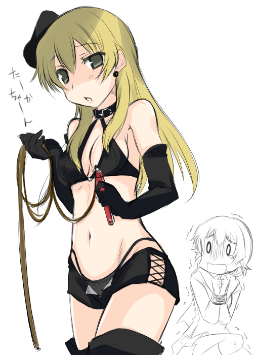2girls, abenattou, bdsm, beret, black_bra, black_panties, blonde_hair, blush, boots, bra, brown_eyes, caesar_(girls_und_panzer), carpaccio, choker, collar, dominatrix, earrings, elbow_gloves, girls_und_panzer, gloves, hat, highleg, highleg_panties, holding, jewelry, leather, long_hair, multiple_girls, panties, scared, short_shorts, shorts, sitting, sketch, standing, thigh-highs, thigh_boots, translated, underwear, whip, white_background
