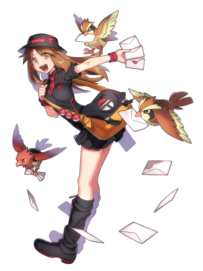 1girl, alternate_costume, blue_(pokemon), brown_eyes, brown_hair, full_body, hat, letter
