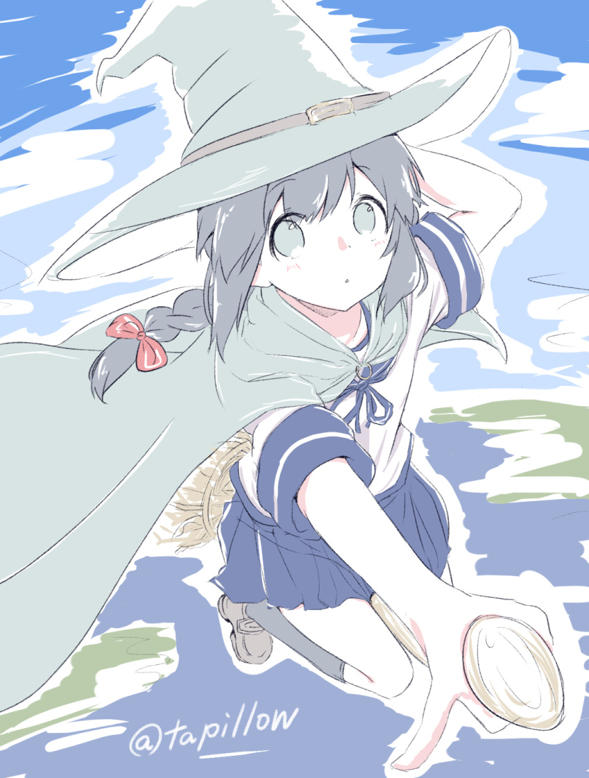 1girl, black_hair, braid, broom, broom_riding, cape, hat, highres
