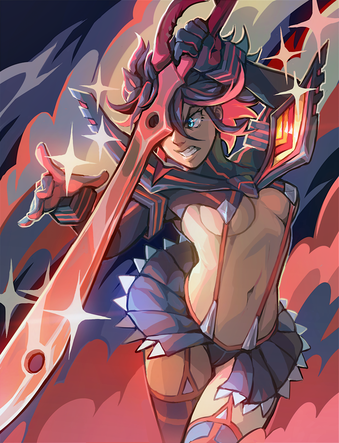 black_hair, blue_eyes, kawiku, kill_la_kill, matoi_ryuuko, matoi_ryuuko_(senketsu_kamui), multicolored_hair, school_uniform