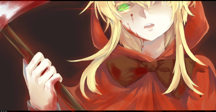 1girl, akazukin_(akazukin_ds), akazukin_darkside, artist_request, axe, bangs, blonde_hair, blood