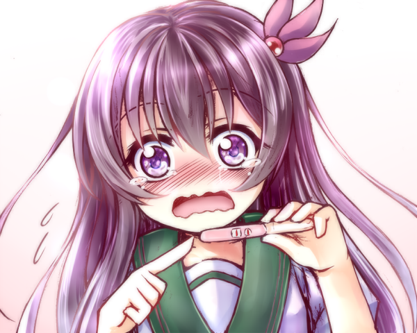 1girl, blush, hair_ornament, kantai_collection, kisaragi_(kantai_collection), long_hair, looking_at_viewer, maou_mikage, open_mouth, pregnancy_test, purple_hair, school_uniform, serafuku, solo, tears, upper_body, violet_eyes