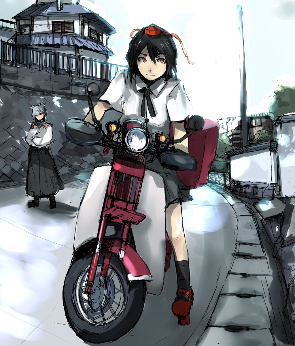 bad_id, contemporary, geta, hat, highres, honda_cub, inubashiri_momiji, motor_vehicle, motorcycle, multiple_girls, shameimaru_aya, tengu-geta, tokin_hat, touhou, unknown_(artist), vehicle