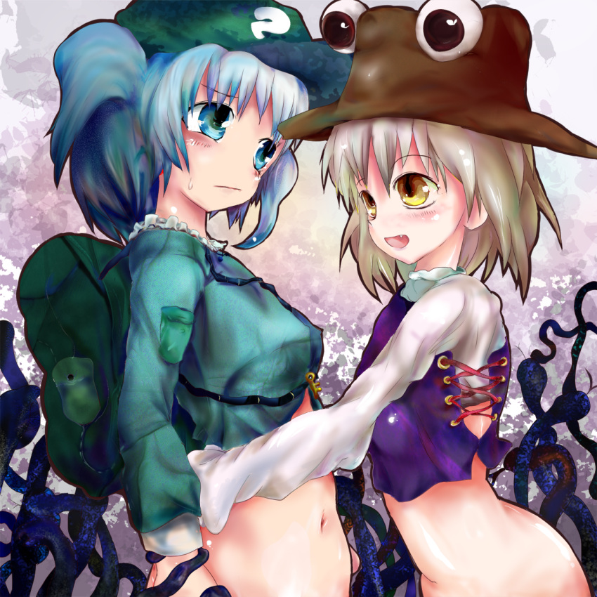 2girls, backpack, bag, blonde_hair, blue_eyes, blue_hair, blush, bottomless