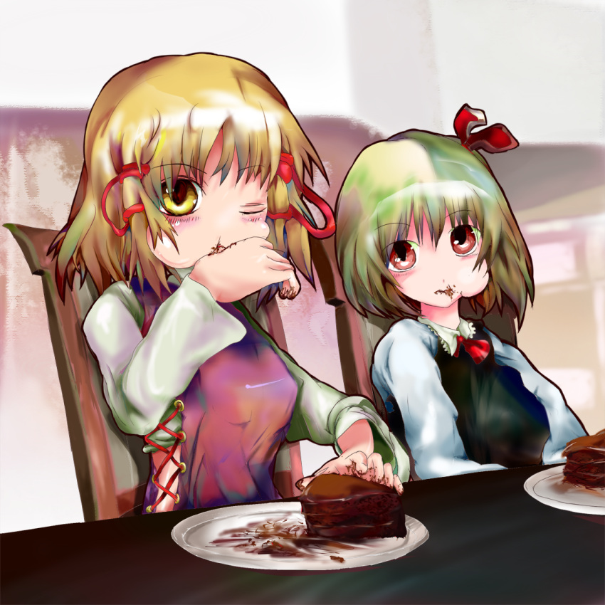 2girls, blonde_hair, bow, cake, eating, food, hagure_kedama, hair_bow