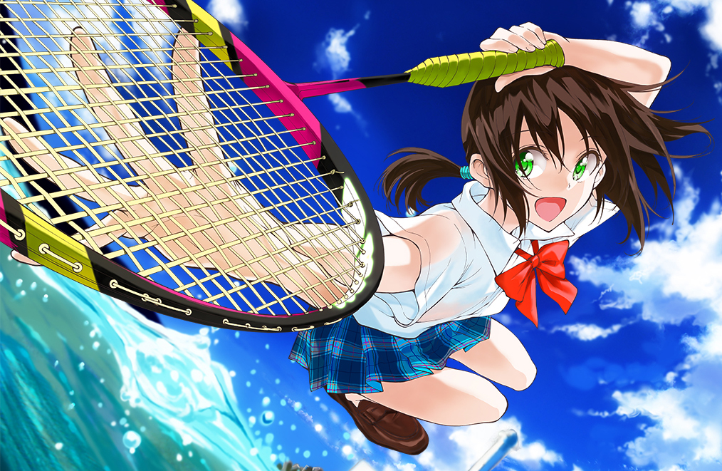 1girl, badminton_racket, black_hair, green_eyes, hamada_kousuke, hanebado!, hanesaki_ayano, long_hair