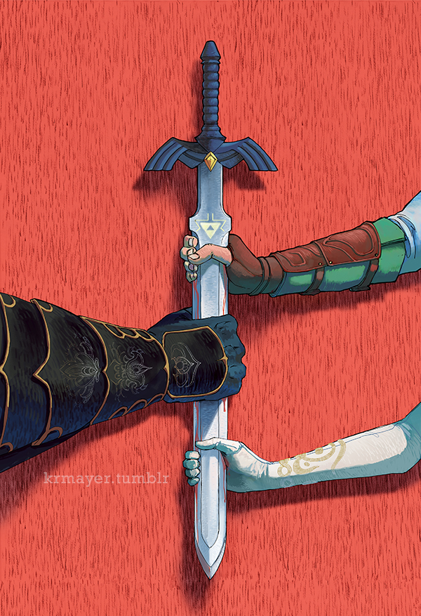 blood, elbow_gloves, fingerless_gloves, ganondorf, gauntlets, gloves, holding_sword, holding_weapon, kayla_mayer, link, master_sword, princess_zelda, red_background, sword, the_legend_of_zelda, triforce, weapon