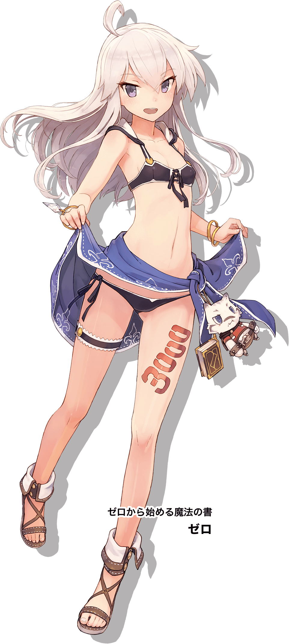 1girl, :d, ahoge, bikini, black_bikini, bracelet, front-tie_top, full_body, highres, hoodie, jewelry, long_hair, looking_at_viewer, mercenary_(zero_kara_hajimeru_mahou_no_sho), midriff, navel, official_art, open_mouth, sandals, shizuma_yoshinori, side-tie_bikini, sidelocks, silver_hair, simple_background, skirt, skirt_lift, small_breasts, smile, solo, swimsuit, thigh_strap, transparent_background, violet_eyes, zero_(zero_kara_hajimeru_mahou_no_sho), zero_kara_hajimeru_mahou_no_sho