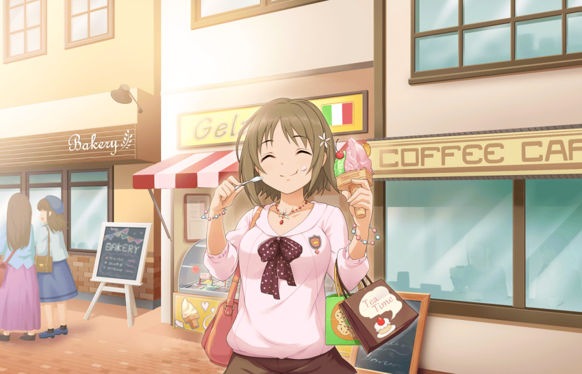 3girls, ^_^, artist_request, brown_hair, closed_eyes, eating, food, food_on_face