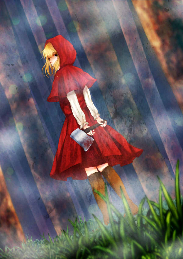 1girl, akazukin_(akazukin_ds), akazukin_darkside, artist_request, axe, bangs, blonde_hair, blood