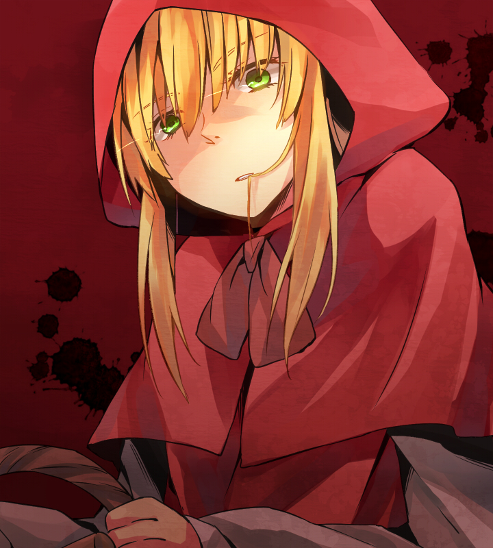 1girl, akazukin_(akazukin_ds), akazukin_darkside, bangs, basket, biting_hair, blonde_hair, blood