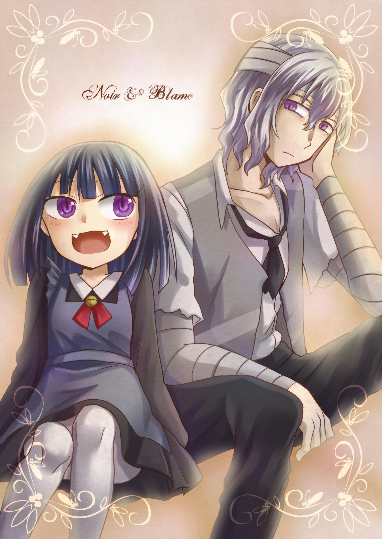 1boy, 1girl, bandages, bangs, bell, black_hair, blanc_(chloe_no_requiem), blush, character_name, chloe_no_requiem, chloe_no_requiem_-con_amore-, collarbone, collared_shirt, dress, fangs, highres, jingle_bell, looking_at_viewer, necktie, noir_(chloe_no_requiem), nubarin, official_art, open_mouth, shirt, sidelocks, silver_hair, violet_eyes