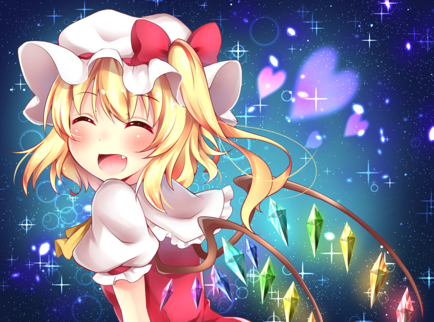 1girl, ascot, blonde_hair, blush, bow, fang, flandre_scarlet, hat